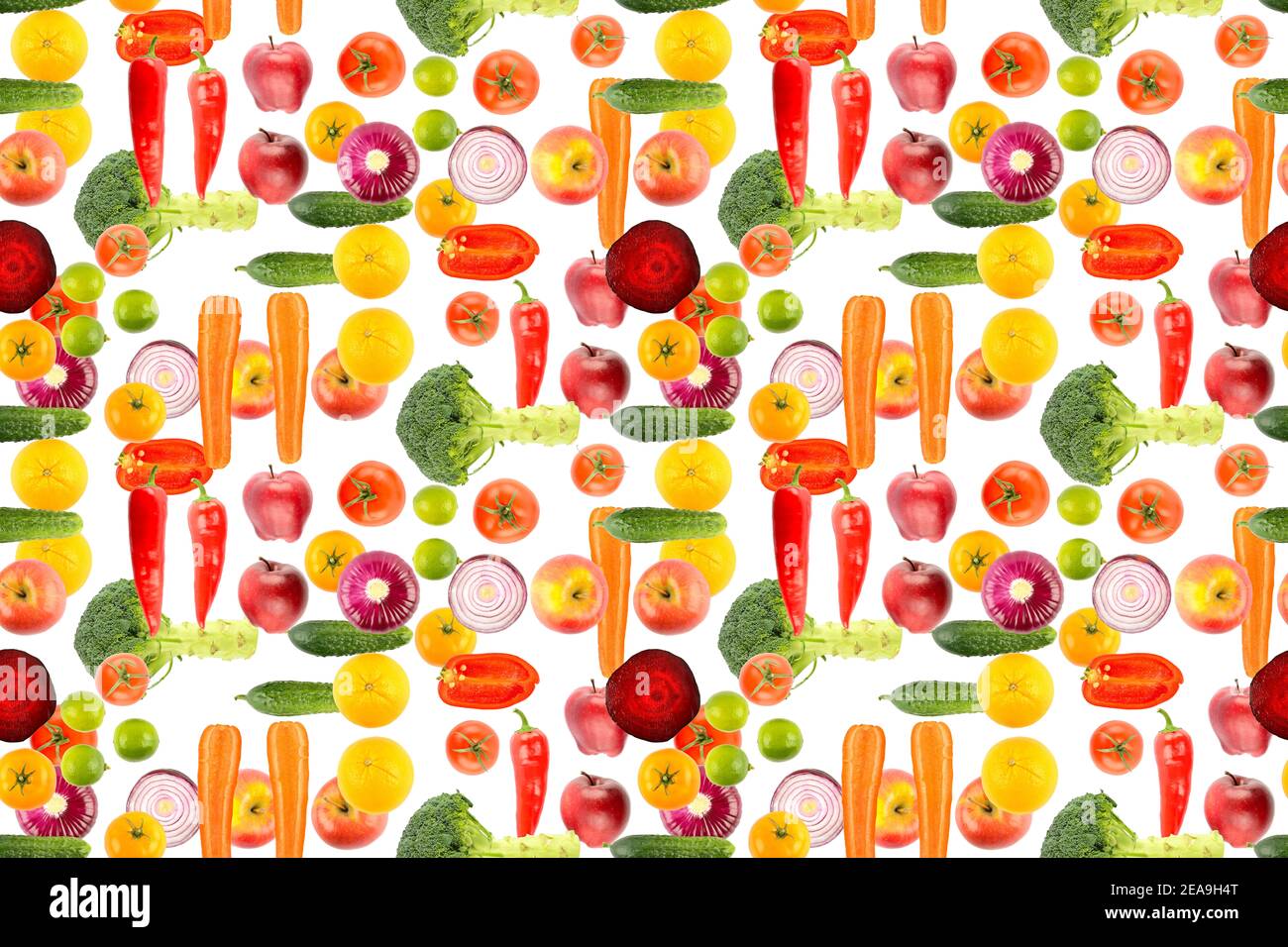 Seamless pattern bright vegetables and fruits isolated on white background without shadow. Stock Photo