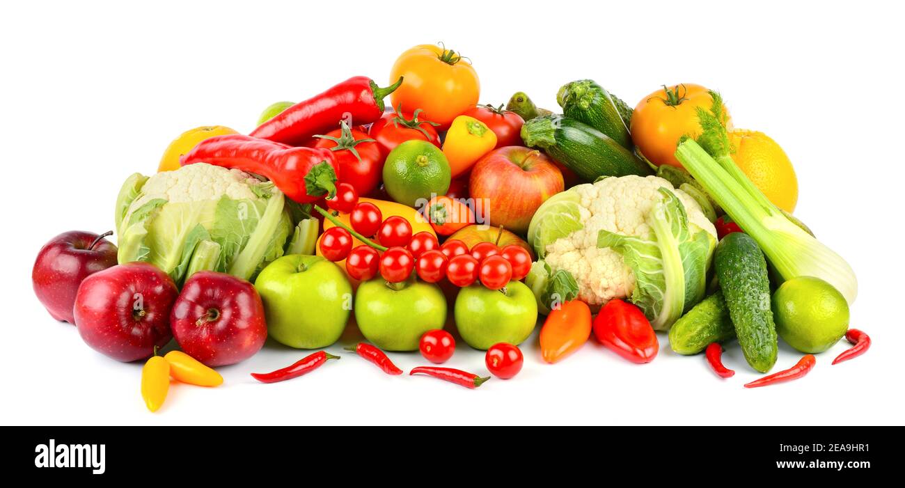Set of fresh and healthy vegetables and fruits isolated on white background. Stock Photo