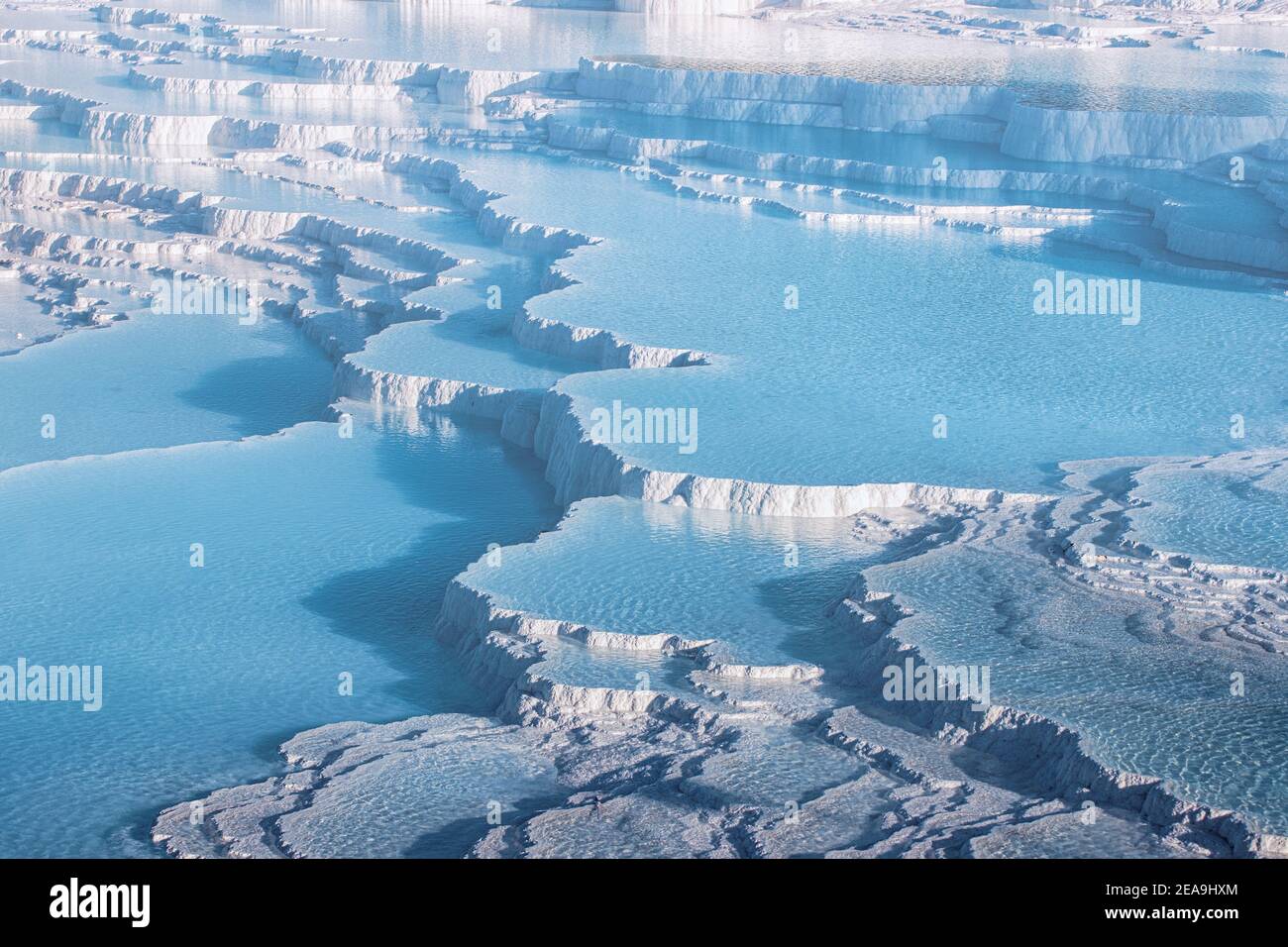 Pamukkale is the main natural wonder of Turkey and the Middle East. White travertines with thermal water. It is a very popular tourist attraction that Stock Photo
