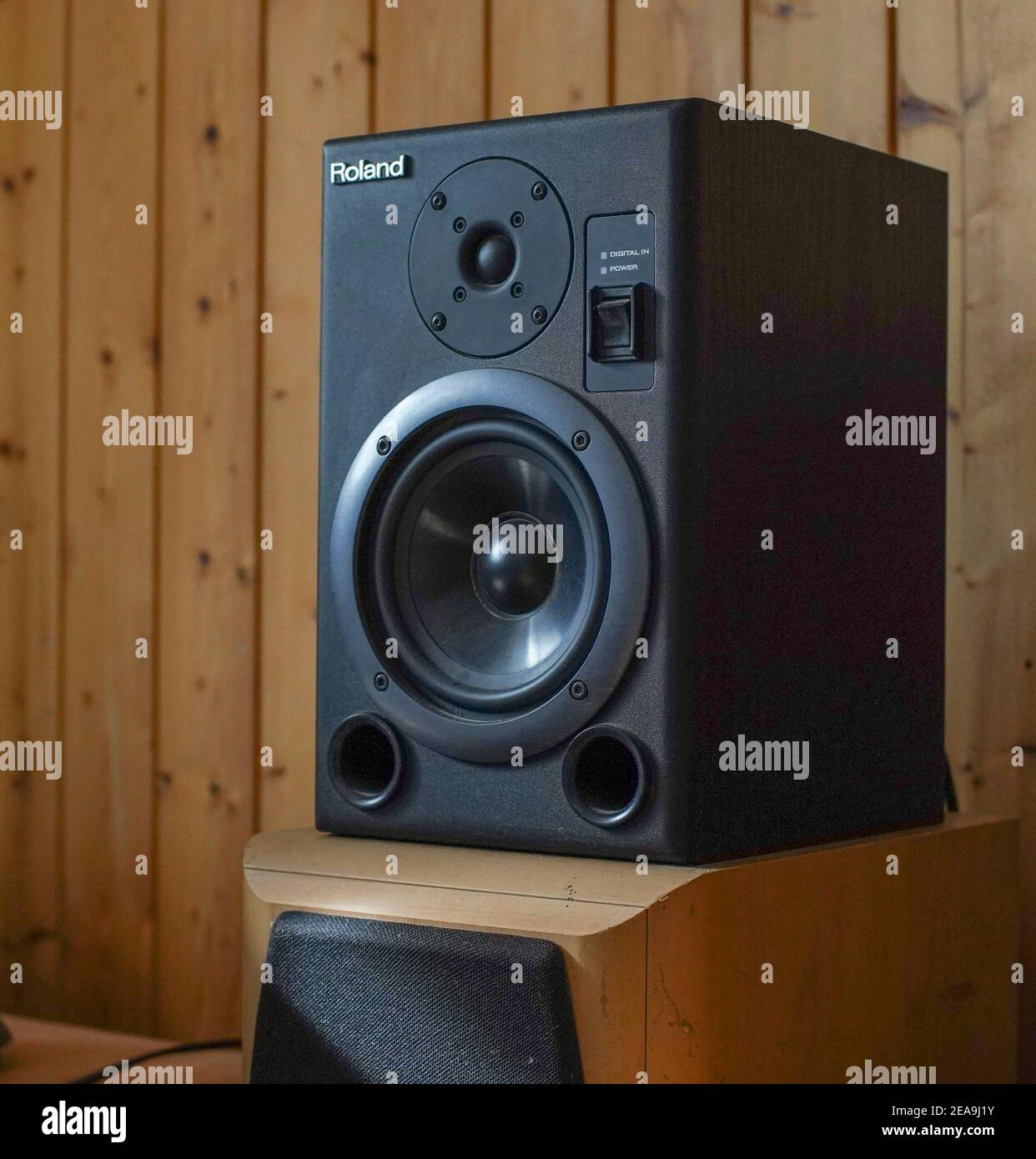 Single Studio monitor speaker in a home studio. Stock Photo