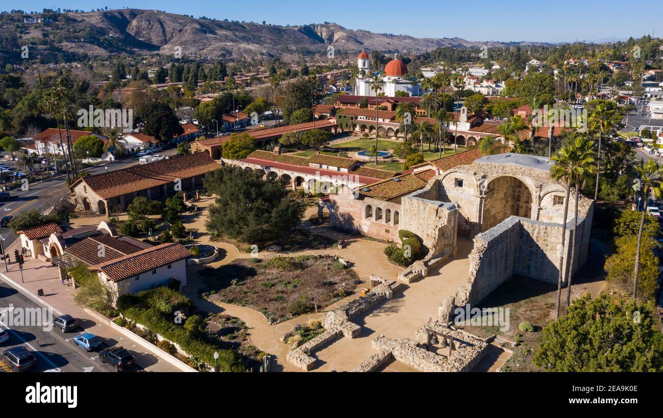 Daytime aerial view of the Spanish Colonial era mission and surrounding ...