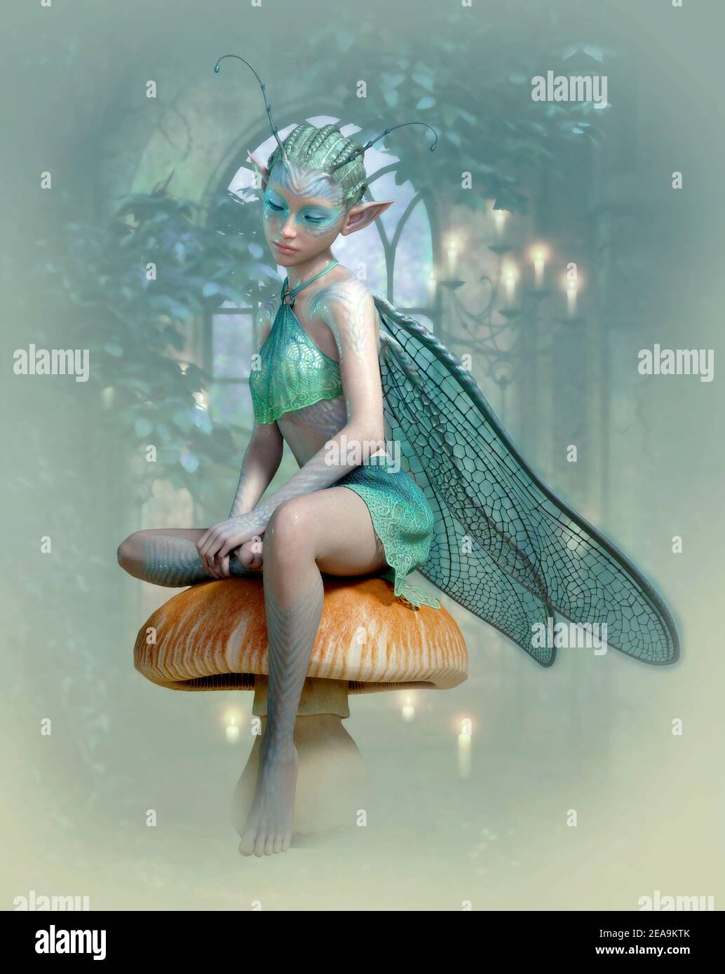 3d computer graphics of a cute fairy with dragonfly wings and antenna sitting on a mushroom Stock Photo