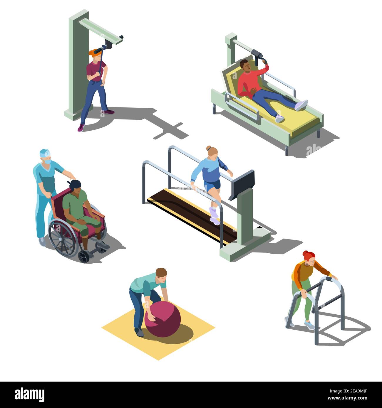Isometric rehabilitation medical clinic with human characters. People with problems of the musculoskeletal system do physical therapy exercises. Patients on the recovery and treatment program. Stock Vector