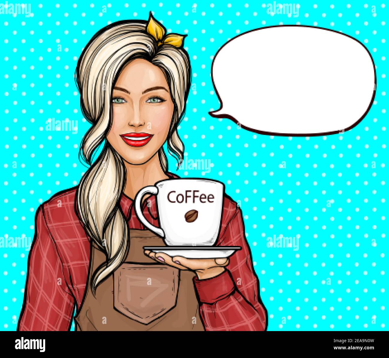 Pop art vector illustration of female barista. Smiling woman in shirt and apron holding cup or mug of freshly brewed coffee, offering a hot drink to visitors. Coffeeshop or cafe ad banner template. Stock Vector