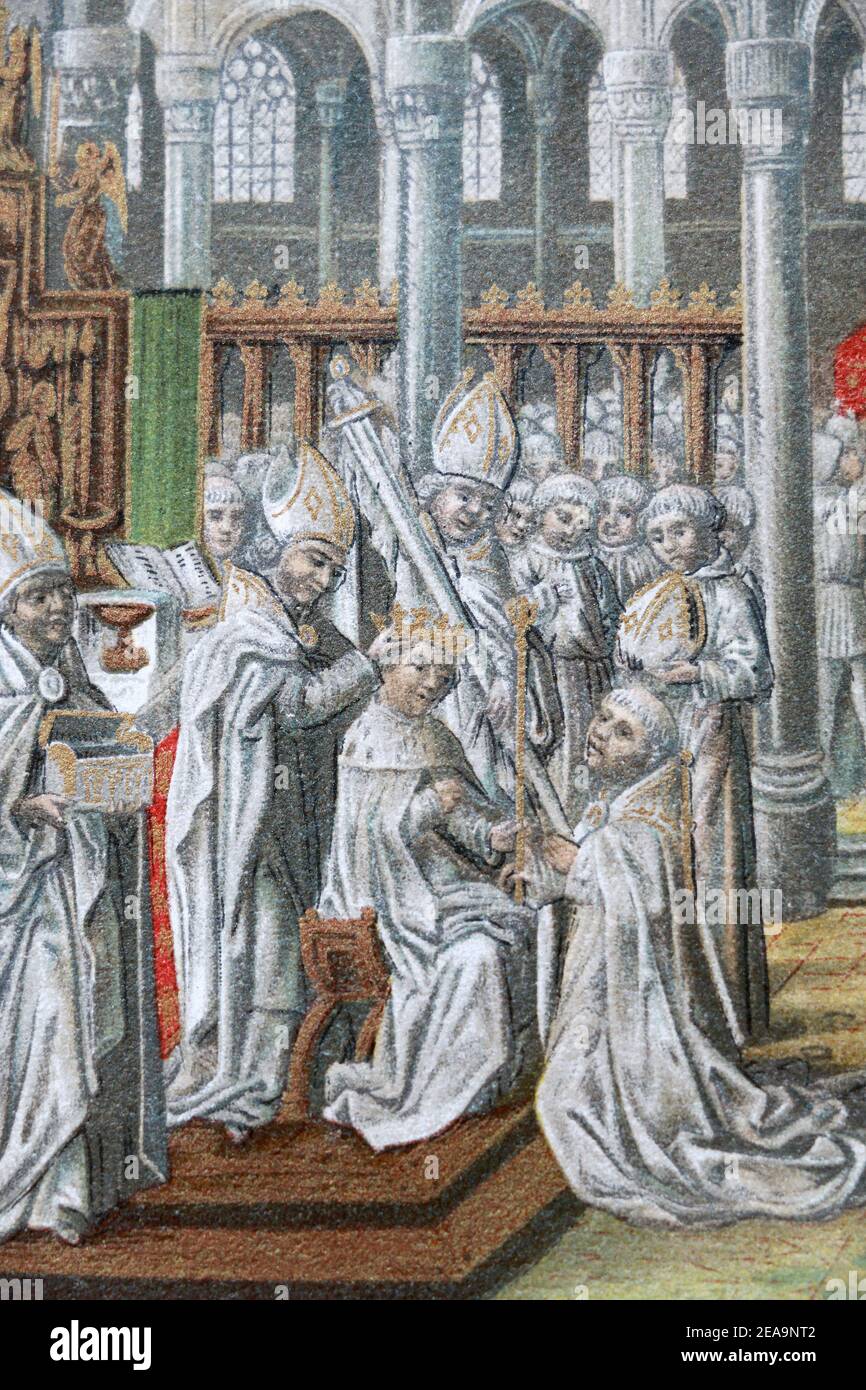 Coronation of King Henry IV of England. Image from manuscript of the 15th century. Stock Photo