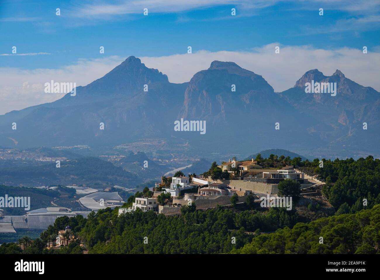 Hilltop urbanisation, seen from the Bernia Ridge above Benidorm, on the ...