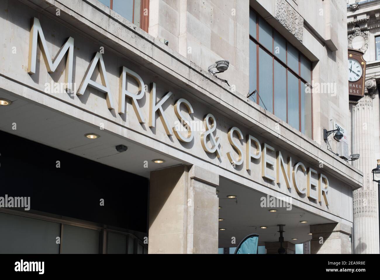 Logo Shop Store Sign Brand Front Retail Retailer Department Store Marks and Spencer, 173 Oxford Street, Soho, London W1D 2JR Stock Photo