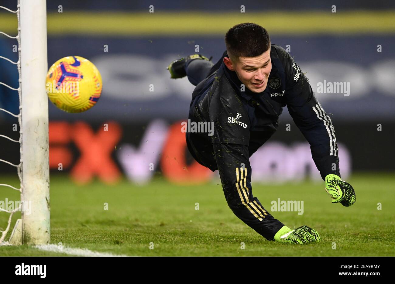 Leeds United goalkeeper Illan Meslier warming up prior to kick-off during the Premier League match at Elland Road, Leeds. Picture date: Monday February 8, 2021. Stock Photo