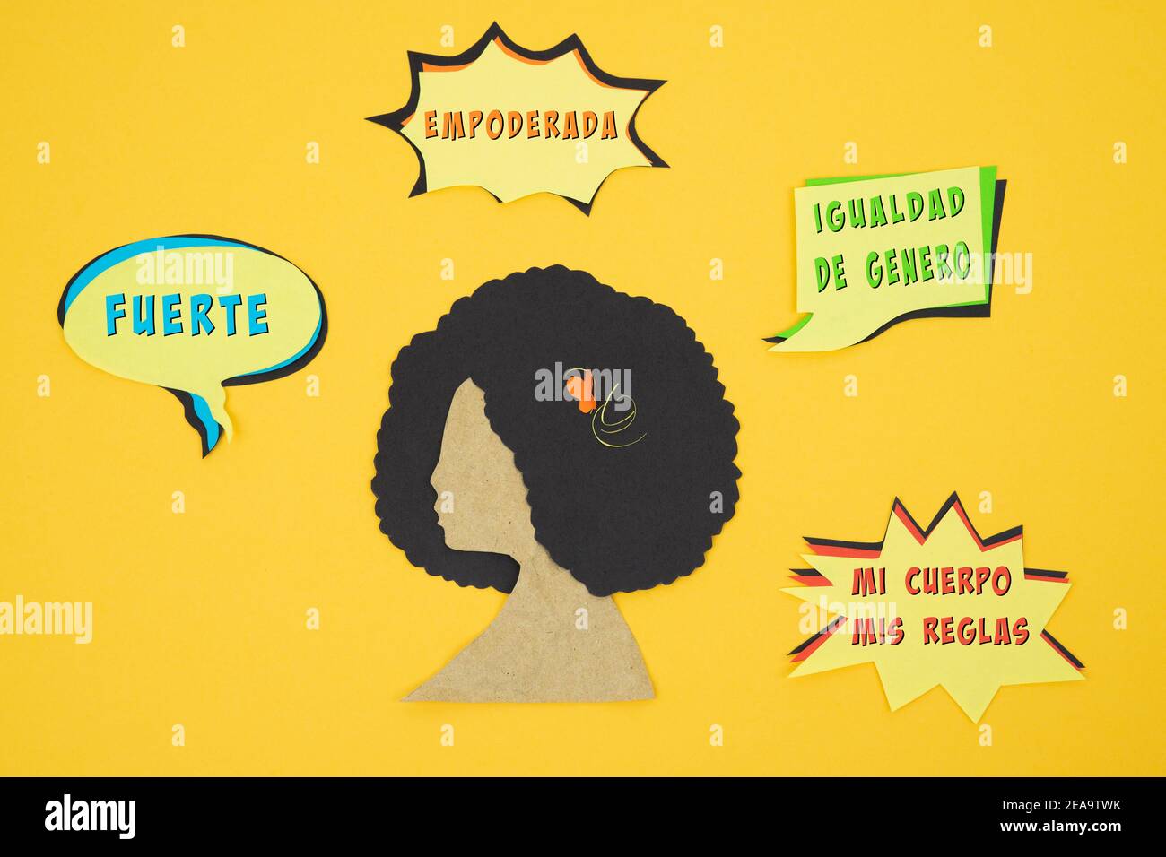 Silhouette Of Woman S Head Cut Out Of Paper With Messages In Spanish Of Female Empowerment On Yellow Background International Women S Day Stock Photo Alamy