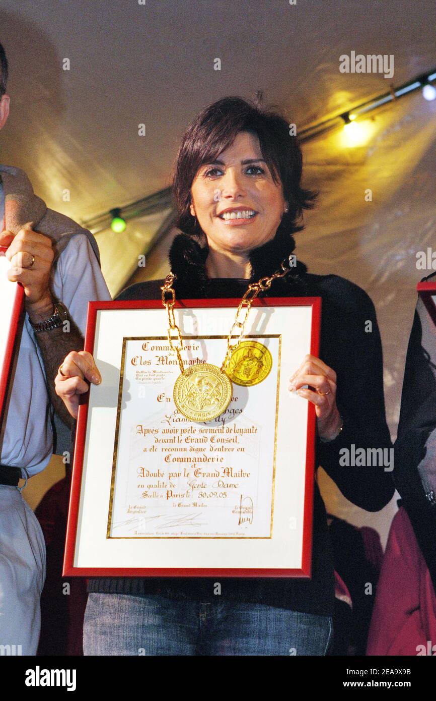 French singer Liane Foly sets up as commander of 'The clos Montmartre' commandership during the traditional grape harvest at the fire station 'rue blanche' in presence of Michou in Paris, France, on September 30, 2005. Photo by Jean-Jacques Datchary/ABACAPRESS.COM Stock Photo