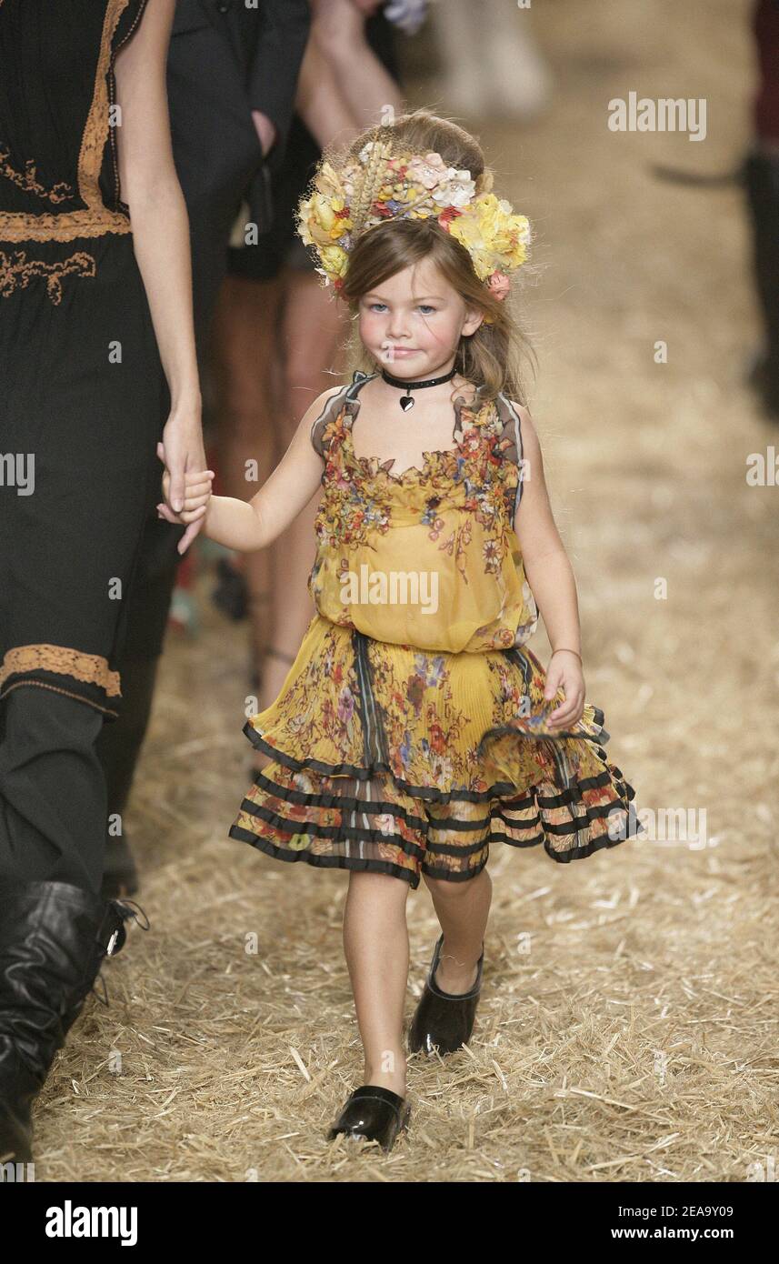 TV presenter Veronika Loubry's daughter Tylan displays a creation by French  fashion designer Jean-Paul Gaultier for his Spring-Summer 2006  ready-to-wear fashion show in Paris, France, on October 4, 2005. Photo by  Nebinger-Orban/ABACAPRESS.COM