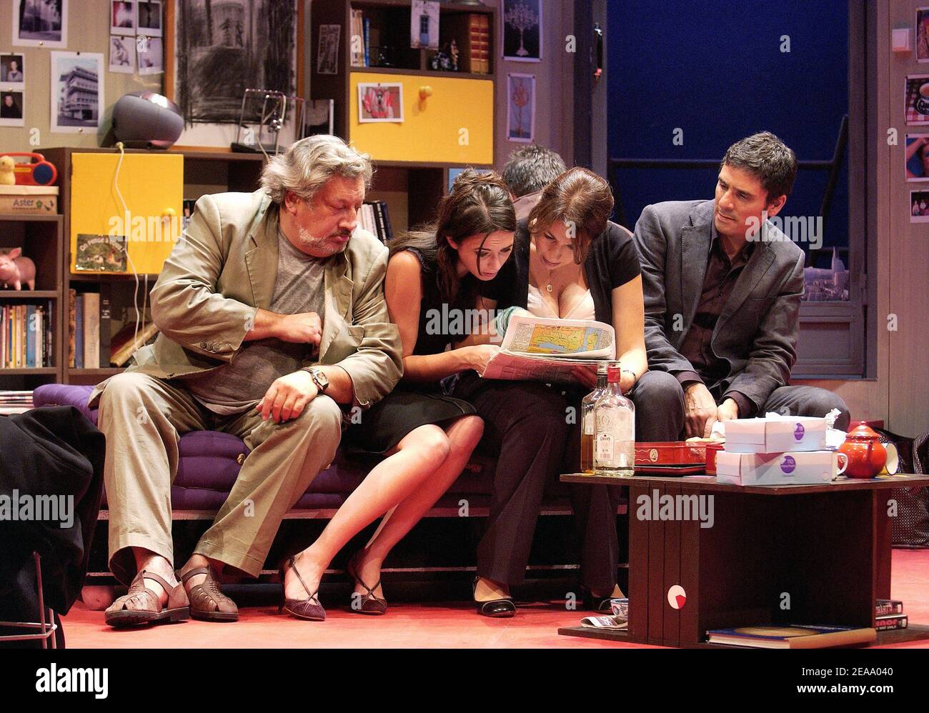 L to R) French actors and cast members Jean-Claude Dreyfus, Maud Le  Grevellec, Valerie Benguigui, Pascal Elbe on stage for the run through of  the play 'Pour ceux qui restent' written by