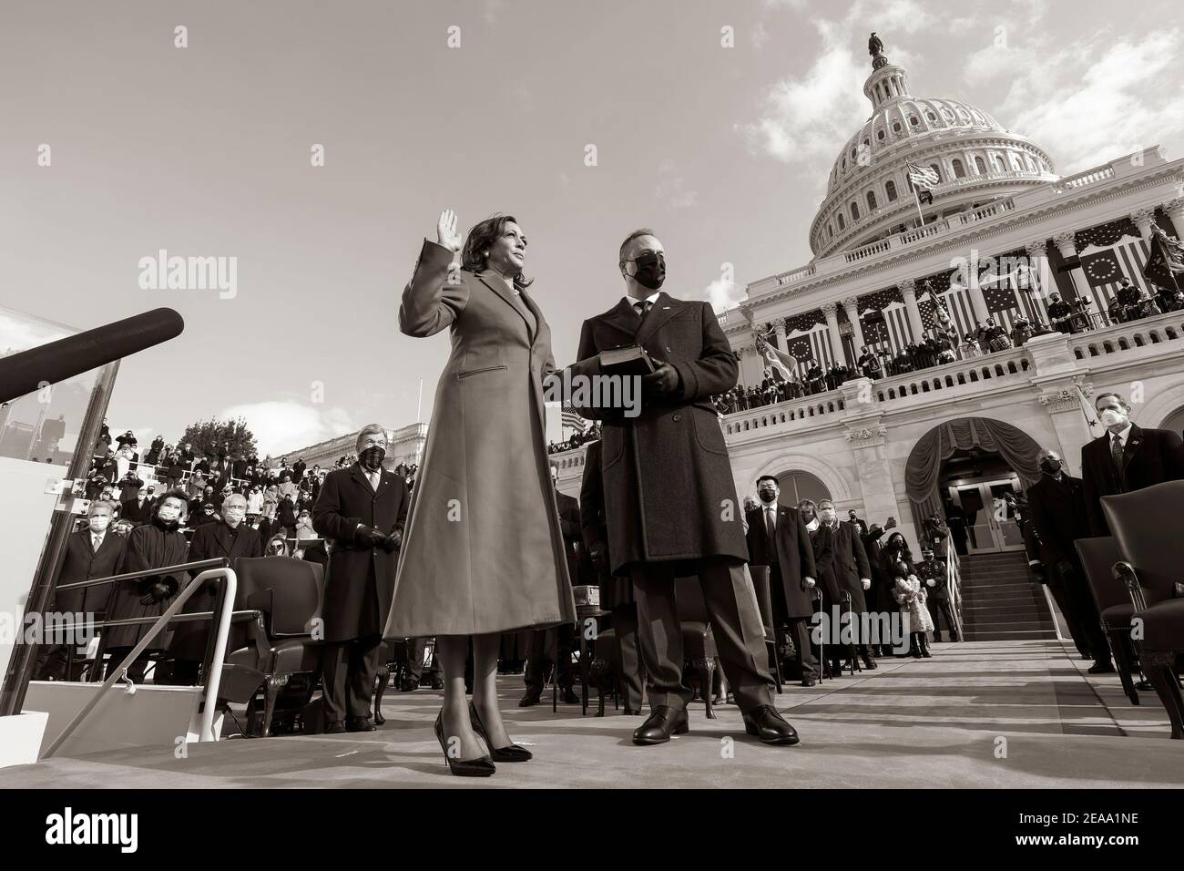 Vice President Kamala Harris, joined by her husband Mr. Doug Emhoff, takes the oath of office as Vice President of the United States Wednesday, Jan. 20, 2021, during the 59th Presidential Inauguration at the U.S. Capitol in Washington, D.C. (Official White House Photo by Chuck Kennedy) Stock Photo