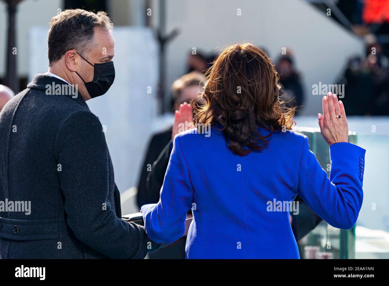 Vice President Kamala Harris, joined by her husband Mr. Doug Emhoff is sworn in as Vice President of the United States by Supreme Court Justice Sonia Sotomayor Wednesday, Jan. 20, 2021, at the U.S. Capitol in Washington, D.C. (Official White House Photo by Lawrence Jackson) Stock Photo