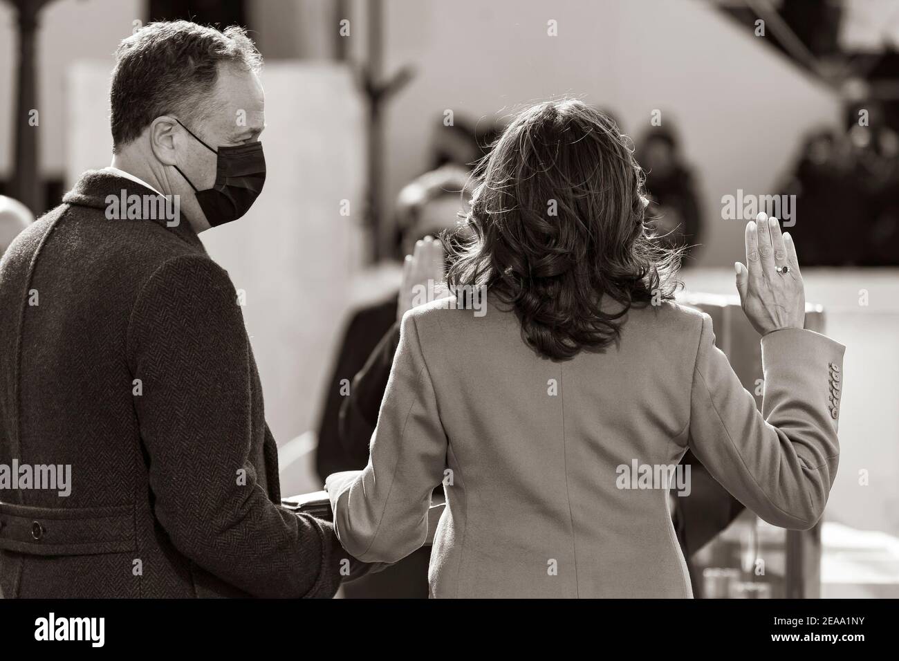 Vice President Kamala Harris, joined by her husband Mr. Doug Emhoff is sworn in as Vice President of the United States by Supreme Court Justice Sonia Sotomayor Wednesday, Jan. 20, 2021, at the U.S. Capitol in Washington, D.C. (Official White House Photo by Lawrence Jackson) Stock Photo