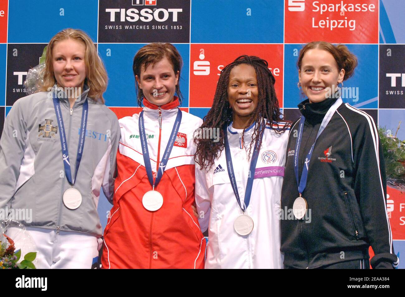 Podium at the women Foil, Gold medal Polish Danuta Dmowska, Silver medal Estonian Maarika Vosu, Bronze medal French Laura Flessel-Colovic and Canadian Sherraine McKay, during the Fencing World Championships in Leipzig, Germany, picture image