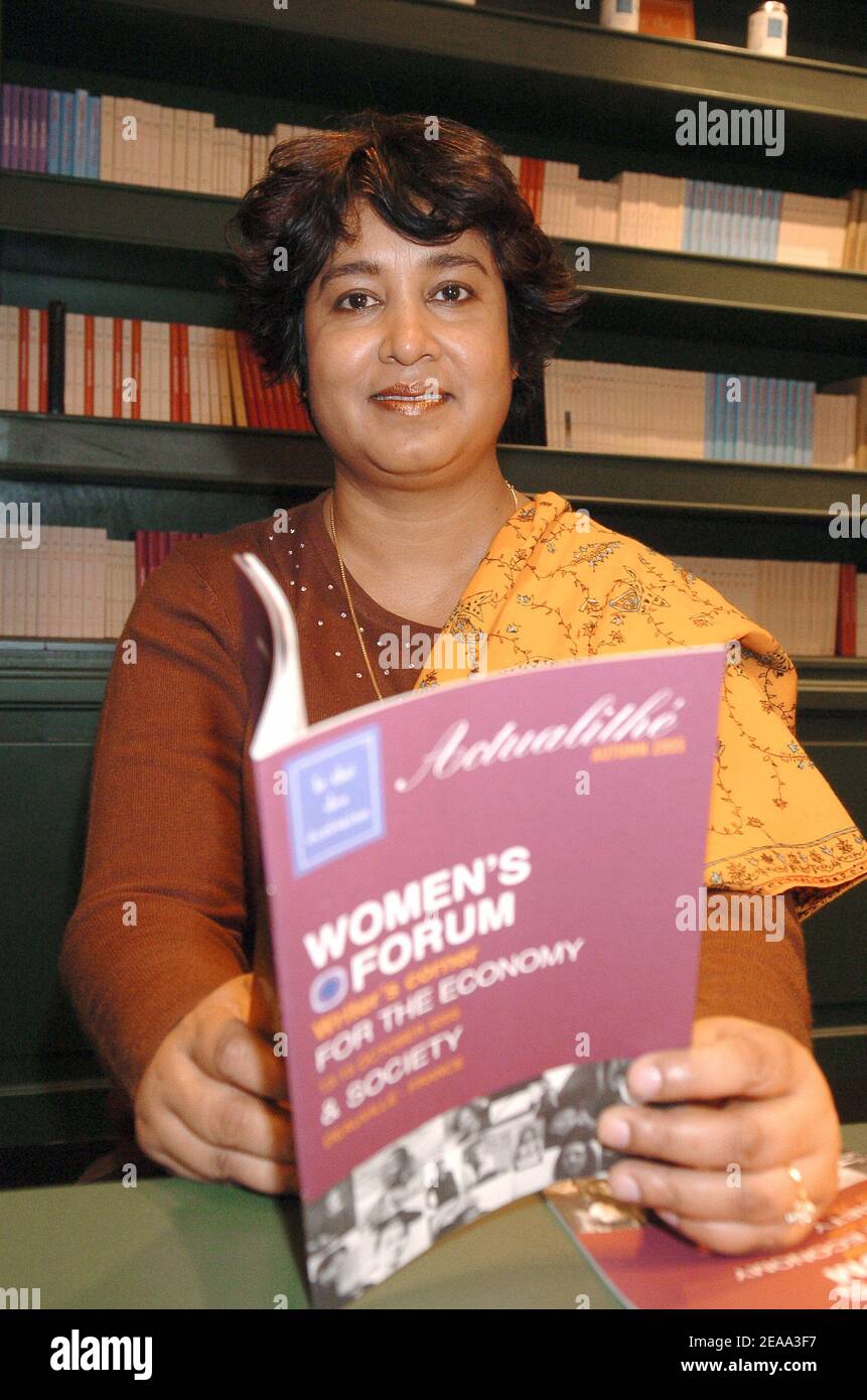 Bangladesh Journalist, novelist and human rights activist Taslima Nasreen attends the first edition of the 'Women's Forum for the economy and society' in Deauville, Calvados, France on October 13, 2005.Photo by Bruno Klein/ABACAPRESS.COM. Stock Photo