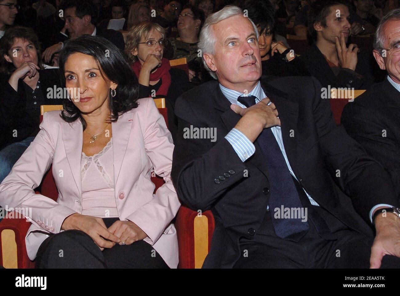 french former foreign minister michel barnier and his wife isabelle attend a concert organized by the paris support committee for ingrid betancourt at the theatre du rond point in paris france on october