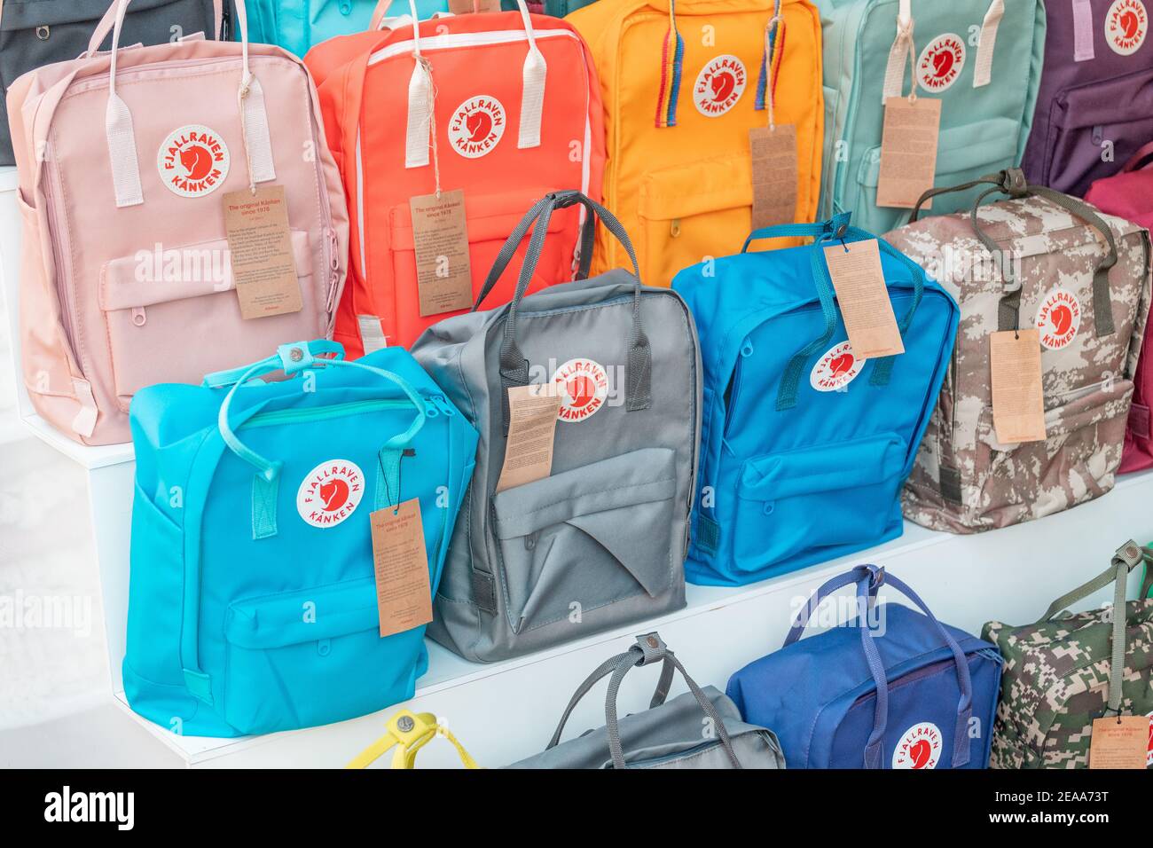 09 September 2020, Dalyan, Turkey: Kanken Fjallraven fashion brand backpacks for sale in local shop Stock Photo