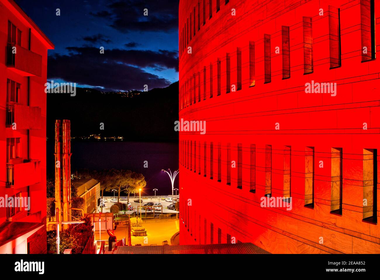 Casino di Campione illuminated in red Stock Photo