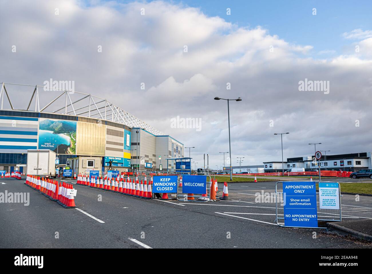 Cardiff, Wales - 8th February 2021:  General View of the drive-through Coronavirus Mass Testing Centre (MTC) at the Cardiff City Stadium Stock Photo