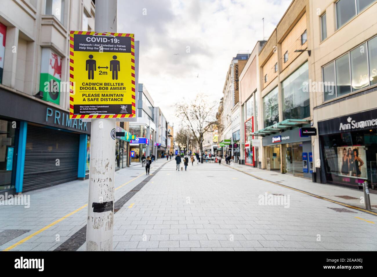 Cardiff, Wales - 8th February 2021:  The streets of Cardiff city centre, remain largely quiet, as the lockdown in Wales continues. Stock Photo