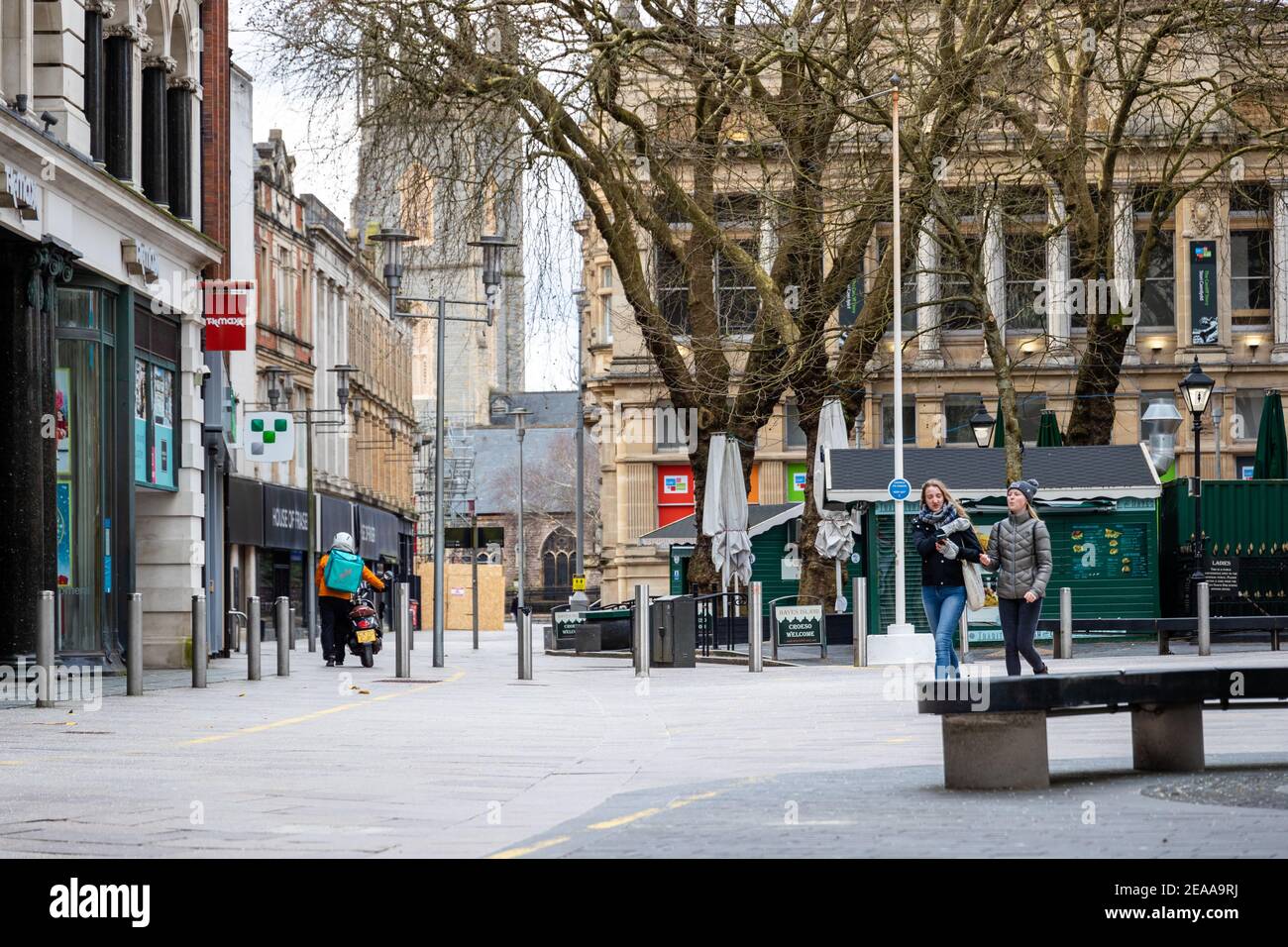 Cardiff, Wales - 8th February 2021:  The streets of Cardiff city centre, remain largely quiet, as the lockdown in Wales continues. Stock Photo