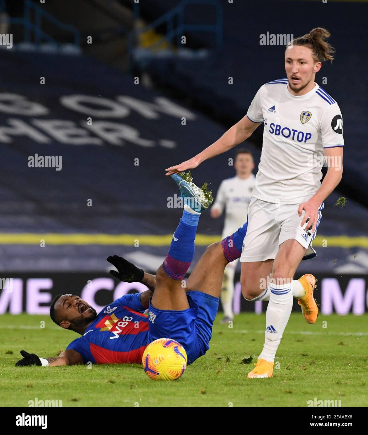 Crystal Palace's Jordan Ayew goes down in the penalty area during the Premier League match at Elland Road, Leeds. Picture date: Monday February 8, 2021. Stock Photo