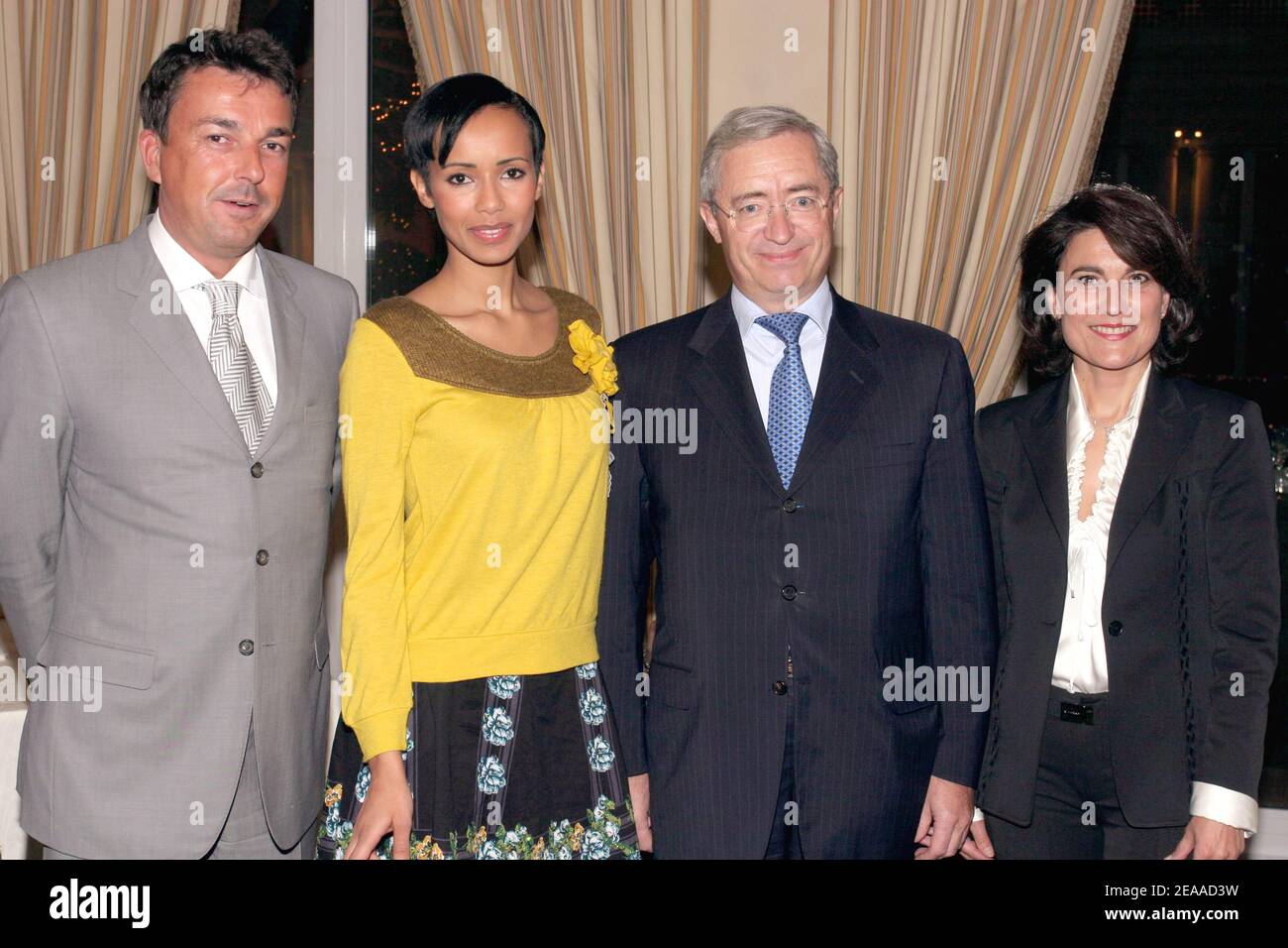L to R) Cartier shop manager Olivier Collignon, Former Miss France Sonia  Rolland and Hotel Bristol Manager Jean Louis Souman, Piaget shop manager  Miss Sautreau attend the cocktail at Hotel Bristol before
