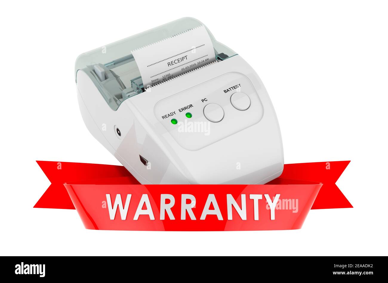 Receipt printer warranty concept. 3D rendering isolated on white background Stock Photo