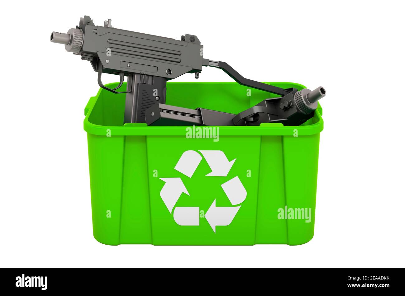 Recycling trashcan with submachine gun, 3D rendering isolated on white ...