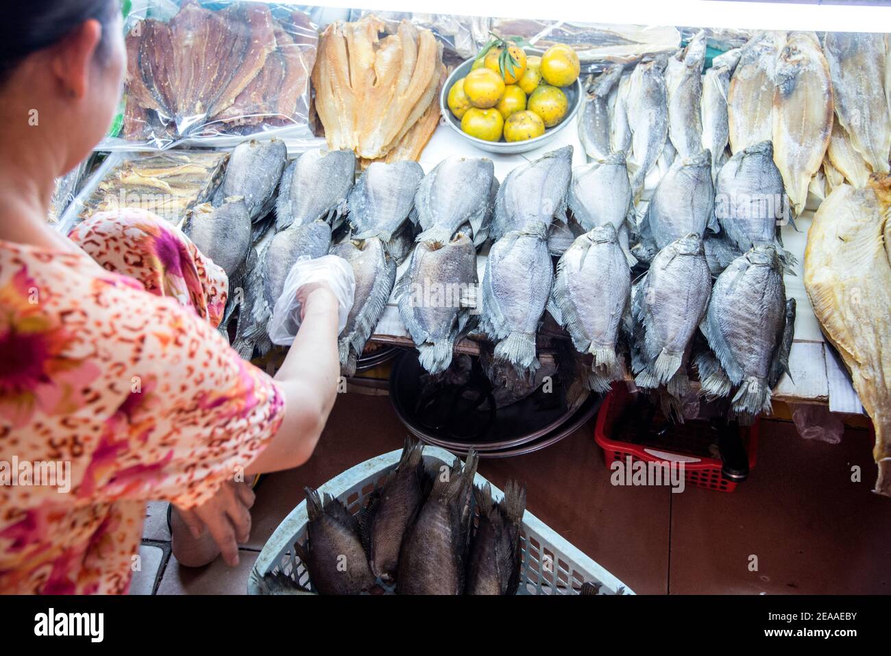 Fish stall in the indoor market in Ho Chi Minh City, Vietnam Stock Photo
