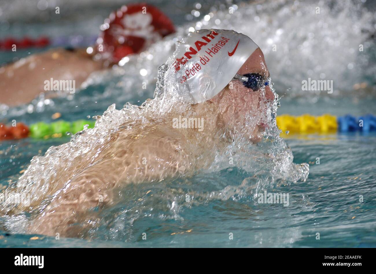 Jeremy Peinado of France in action on men's 100 meters breaststroke heats during the French swimming championships short course, in Chalon-sur-Saone, France, on December 1, 2005. Photo by Nicolas Gouhier/CAMELEON/ABACAPRESS.COM Stock Photo