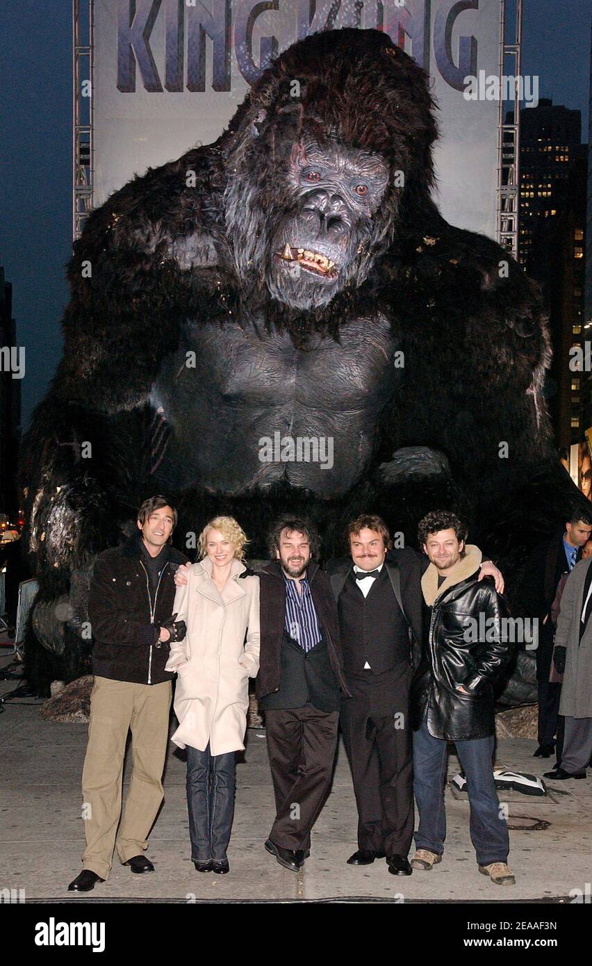 Actors and cast members Naomi Watts, Adrien Brody, Andy Serkis, Jack Black and director Peter Jackson pose in front of a 20 feet (7 meters) tall statue of King Kong in the middle of Times Square to promote the world premiere of their new movie 'King Kong', in New York, on Monday December 5, 2005. Photo by Nicolas Khayat/ABACAPRESS.COM Stock Photo