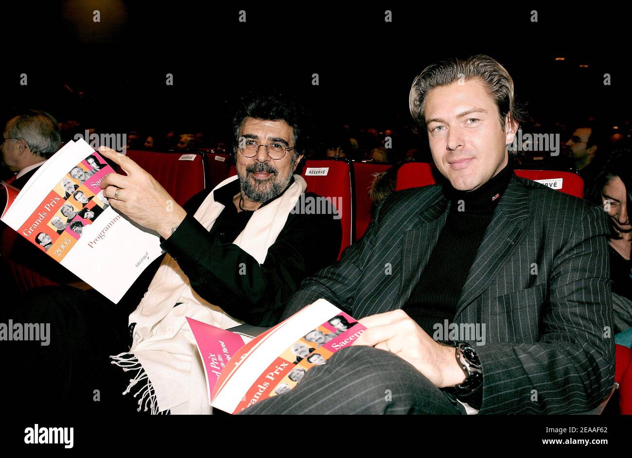 French musicians Gabriel Yared (L) and Tristan de Celeyran receive the SACEM Awards for Film Music and Musical Edition during a ceremony held at the SACEM headquarters in Neuilly near Paris, France, on December 5, 2005. Photo by Laurent Zabulon/ABACAPRESS.COM Stock Photo