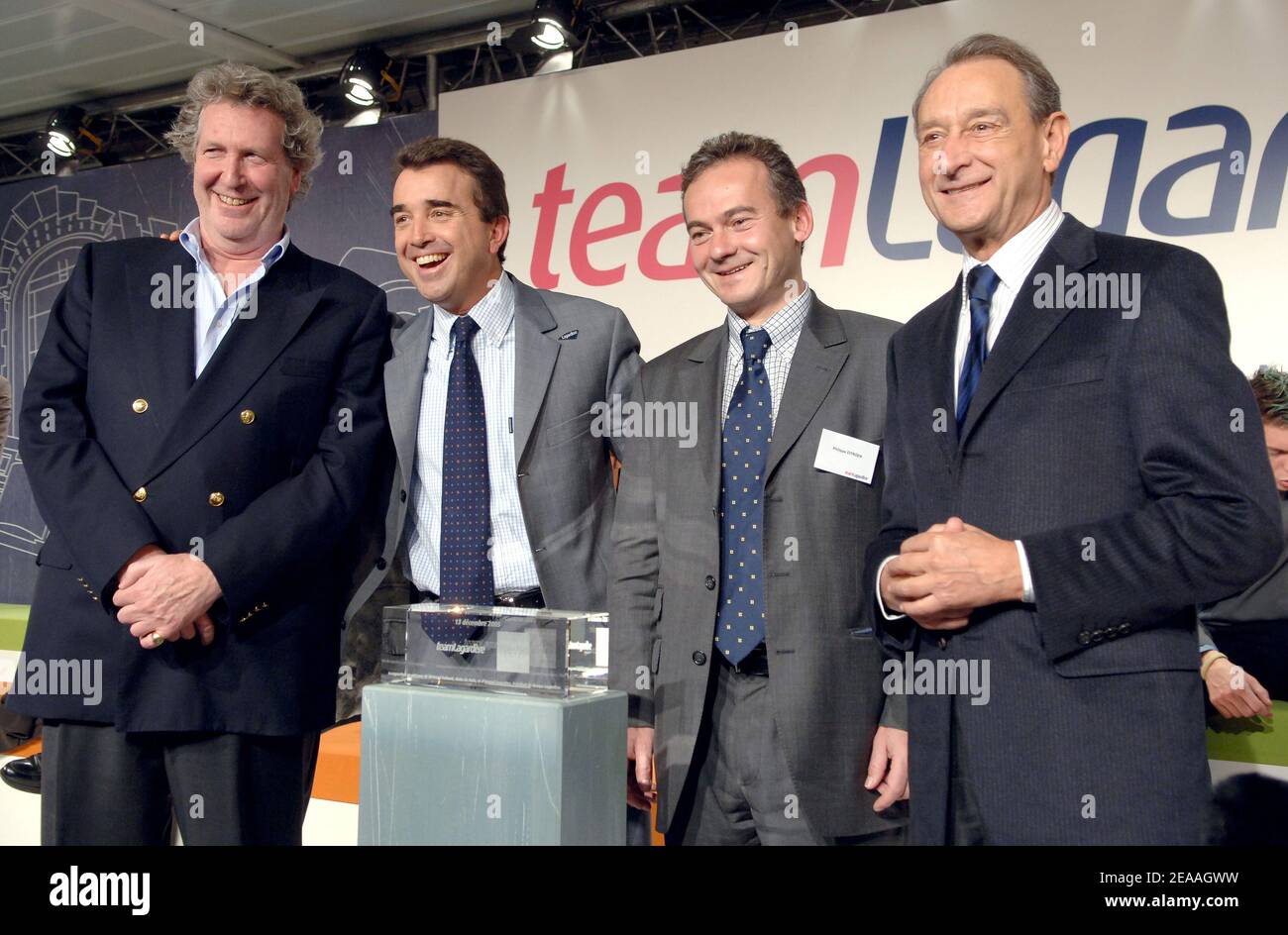 French business men Robert Louis-Dreyfus, Arnaud Lagardere, Philippe  Citroen and Paris mayor Bertrand Delanoe during the press conference for  the presentation of the Team Lagardere at the Jean Bouin Stadium, in Paris,