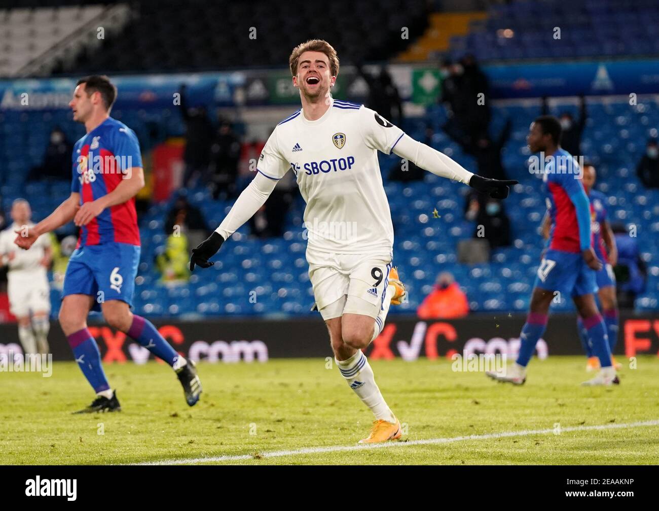 Leeds United's Patrick Bamford celebrates scoring their side's second goal of the game during the Premier League match at Elland Road, Leeds. Picture date: Monday February 8, 2021. Stock Photo