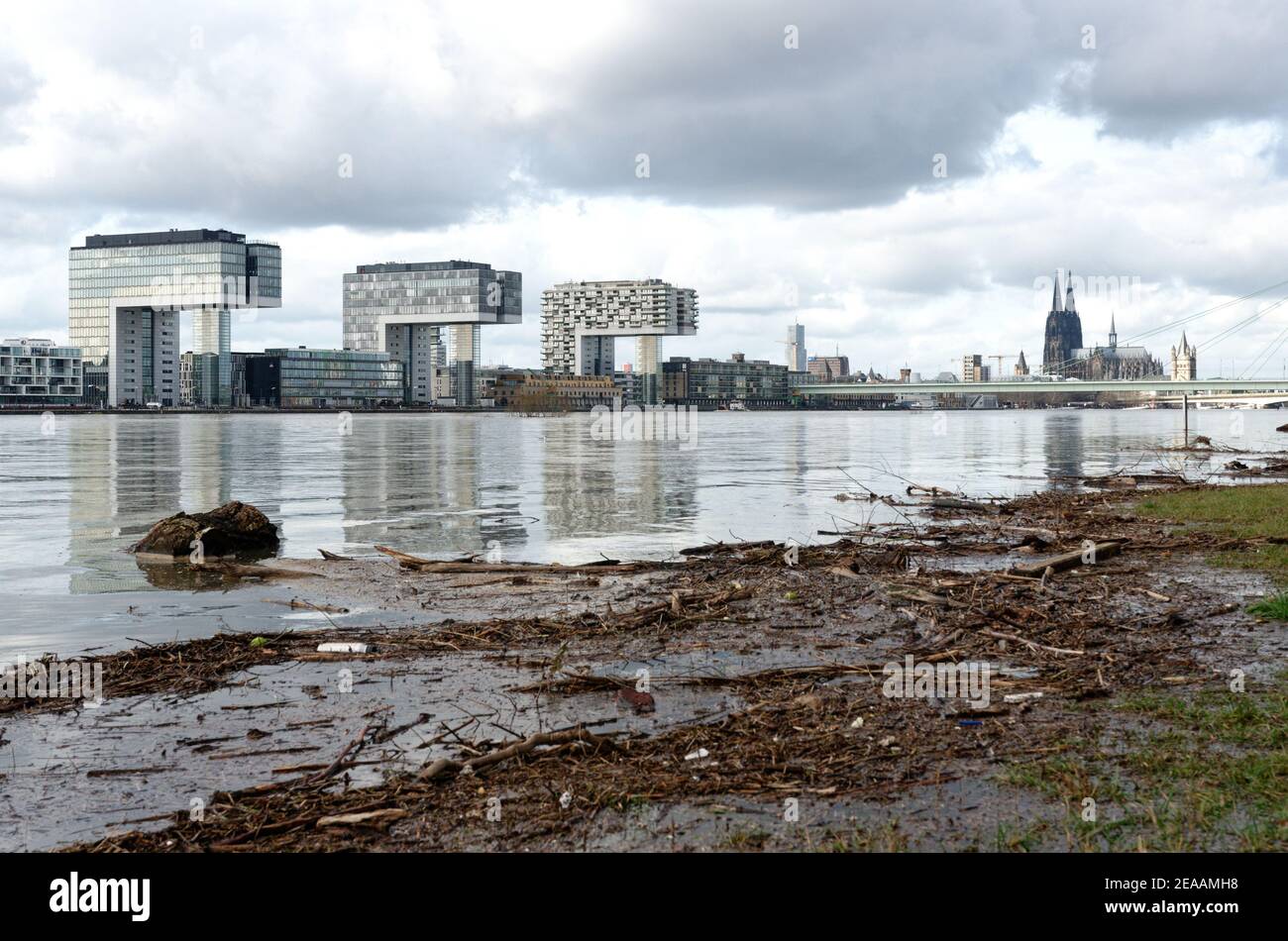 Cologne, Germany - February 04, 2021: flood of river rhine in cologne Stock Photo