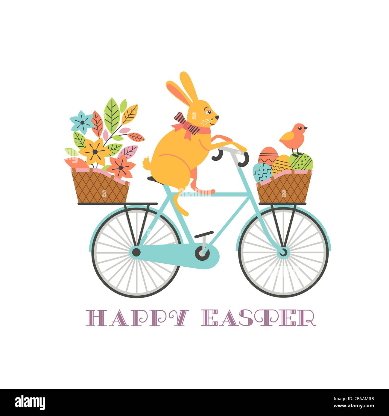 Cute Easter Rabbit on Bicycle with Eggs in basket Stock Vector