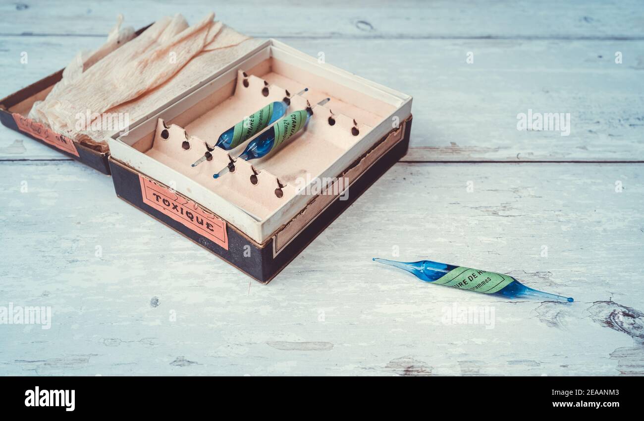 close-up of old blue cyanide ampoules with green stickers in an old pharmaceutical box. translation : hg cyanide ampoules. retro style. former pharmac Stock Photo