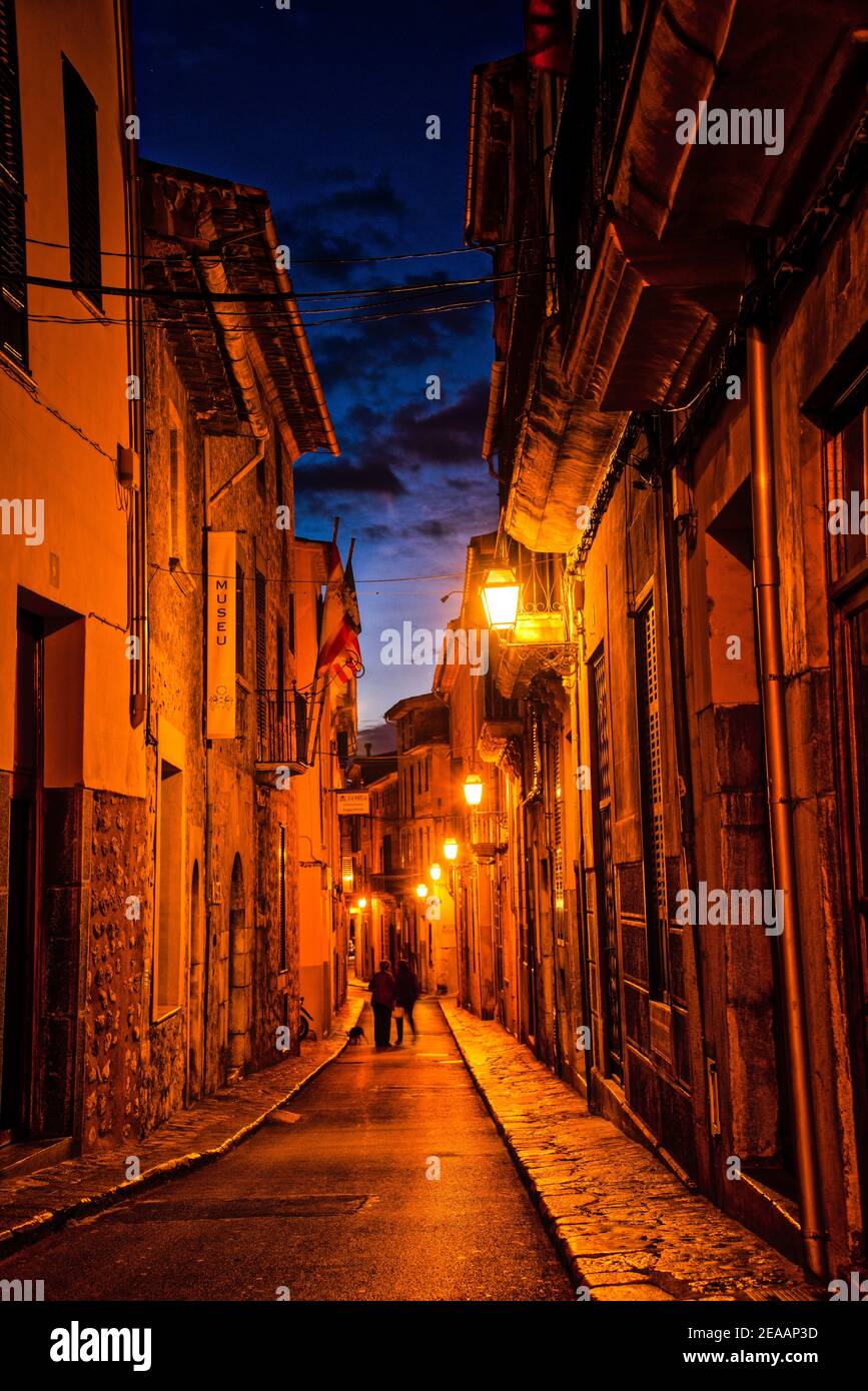 illuminated alley in Sóller Stock Photo