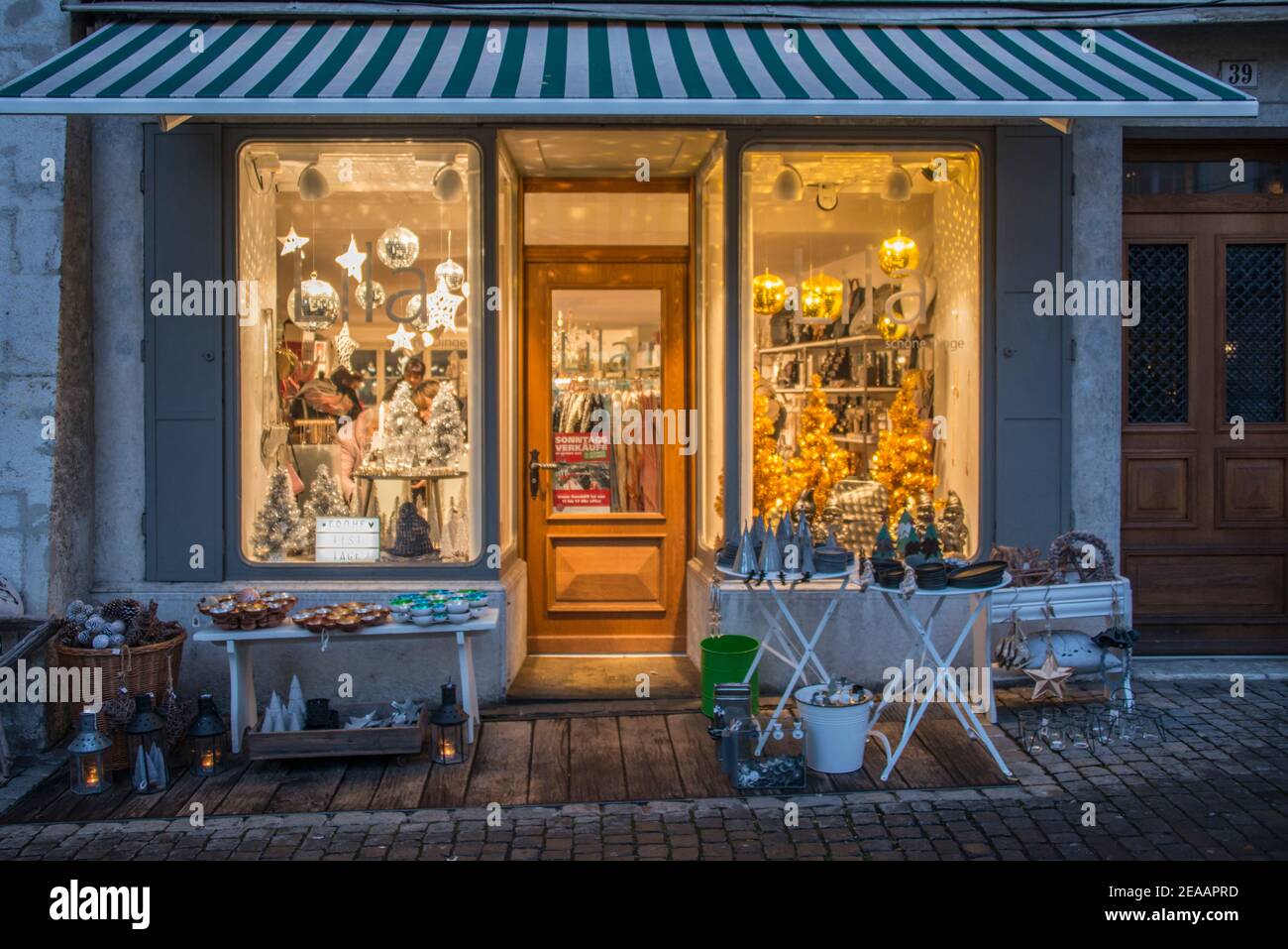 Shop window in the evening, Advent, Solothurn Stock Photo
