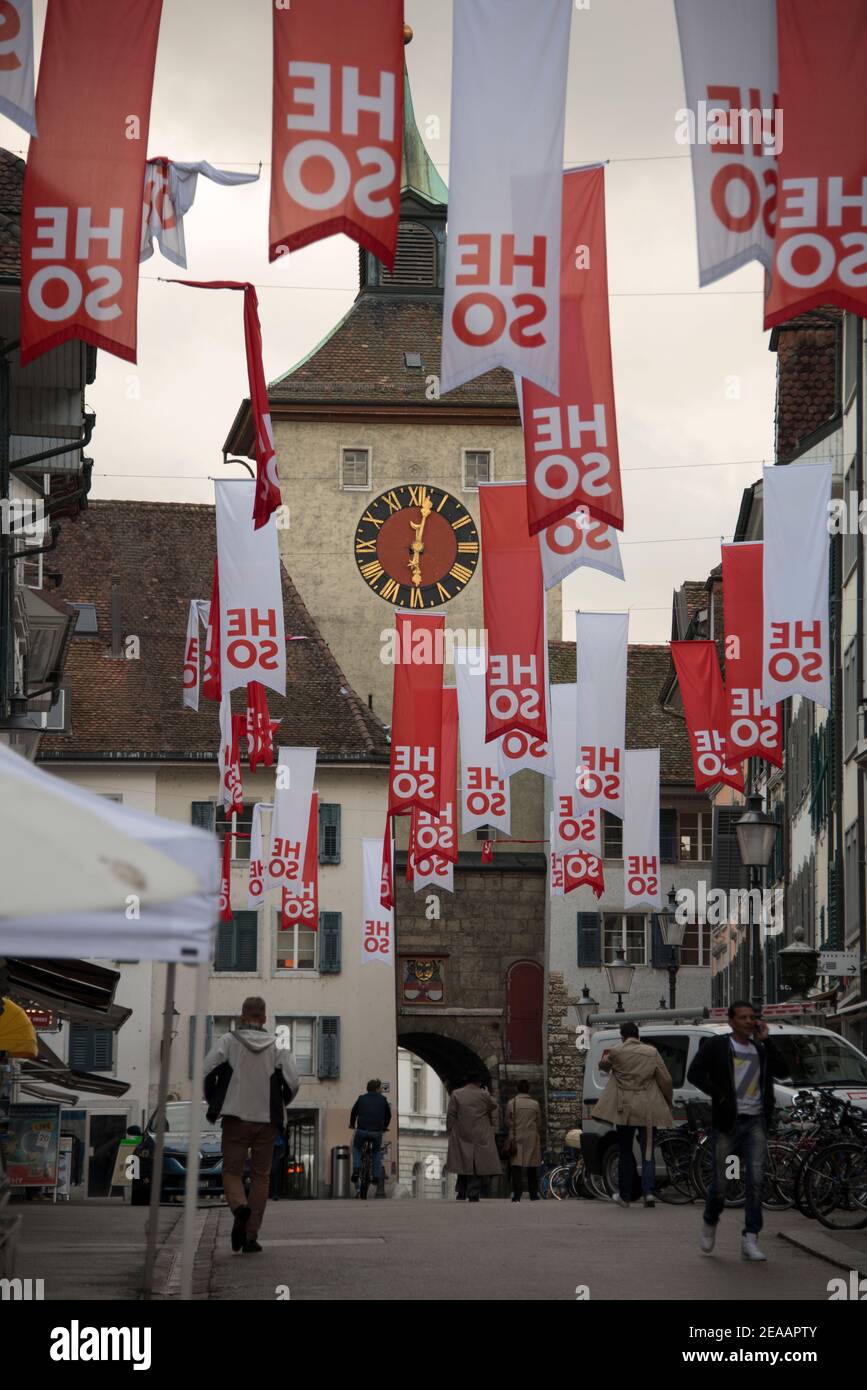 Marktgasse with Bieltor in Solothurn, flagged Stock Photo
