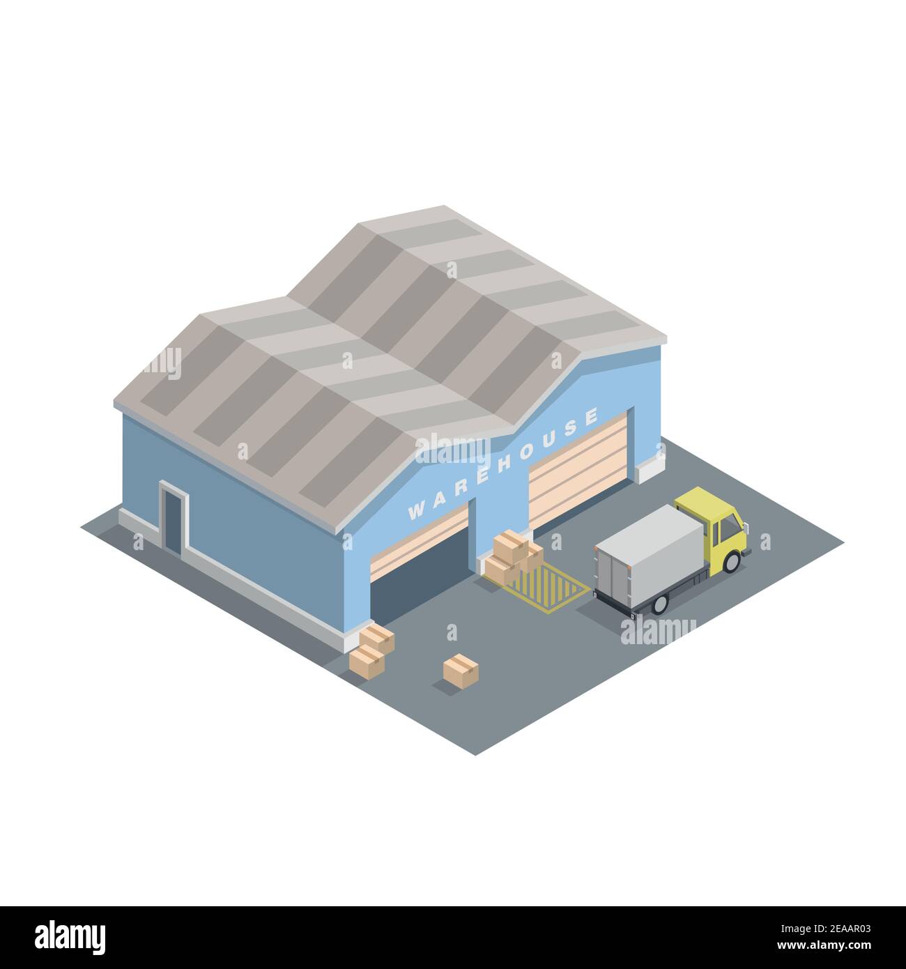 Vector isometric illustration of warehouse building with cargo car and boxes. Warehouse exterior. Warehouse web. Logistic storage. Stock Vector