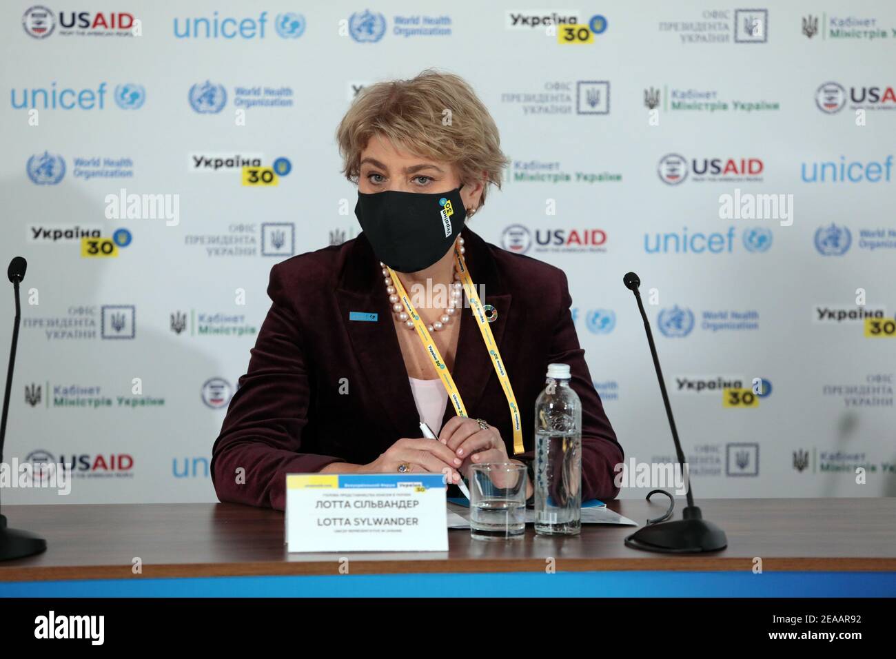 Non Exclusive: KYIV, UKRAINE - FEBRUARY 8, 2021 - UNICEF Representative in Ukraine Lotta Sylwander is pictured during a briefing held on the sidelines Stock Photo