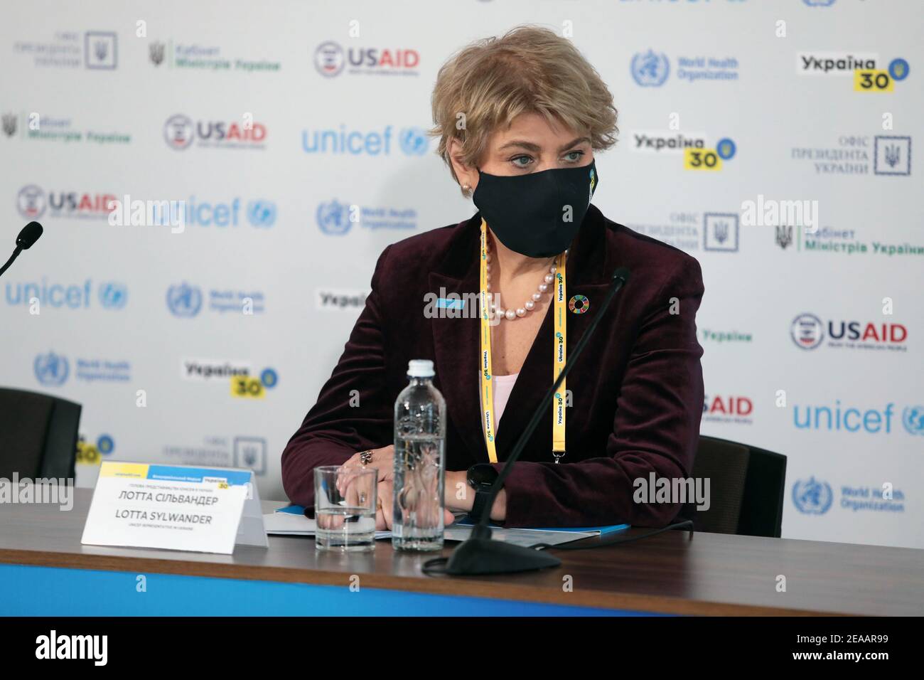 Non Exclusive: KYIV, UKRAINE - FEBRUARY 8, 2021 - UNICEF Representative in Ukraine Lotta Sylwander is pictured during a briefing held on the sidelines Stock Photo
