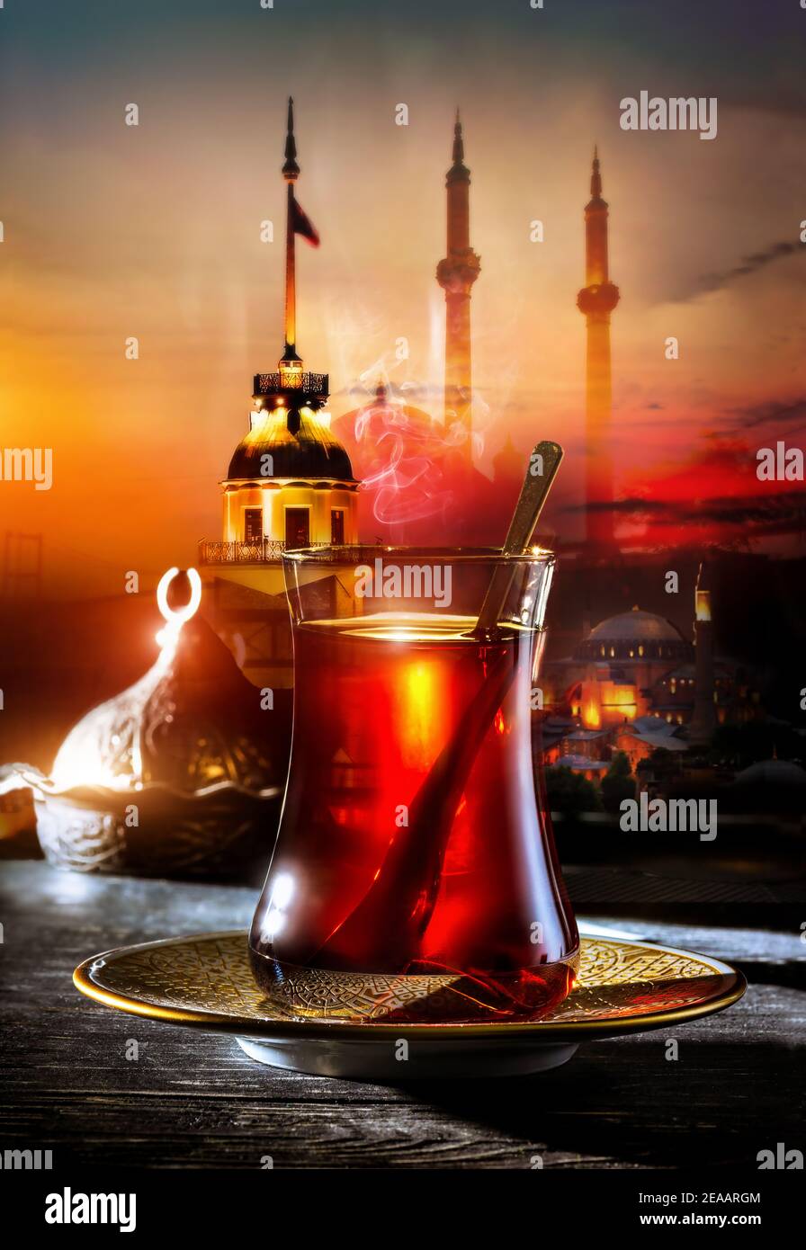 Turkish tea in the background of the maiden tower in Istanbul Stock Photo