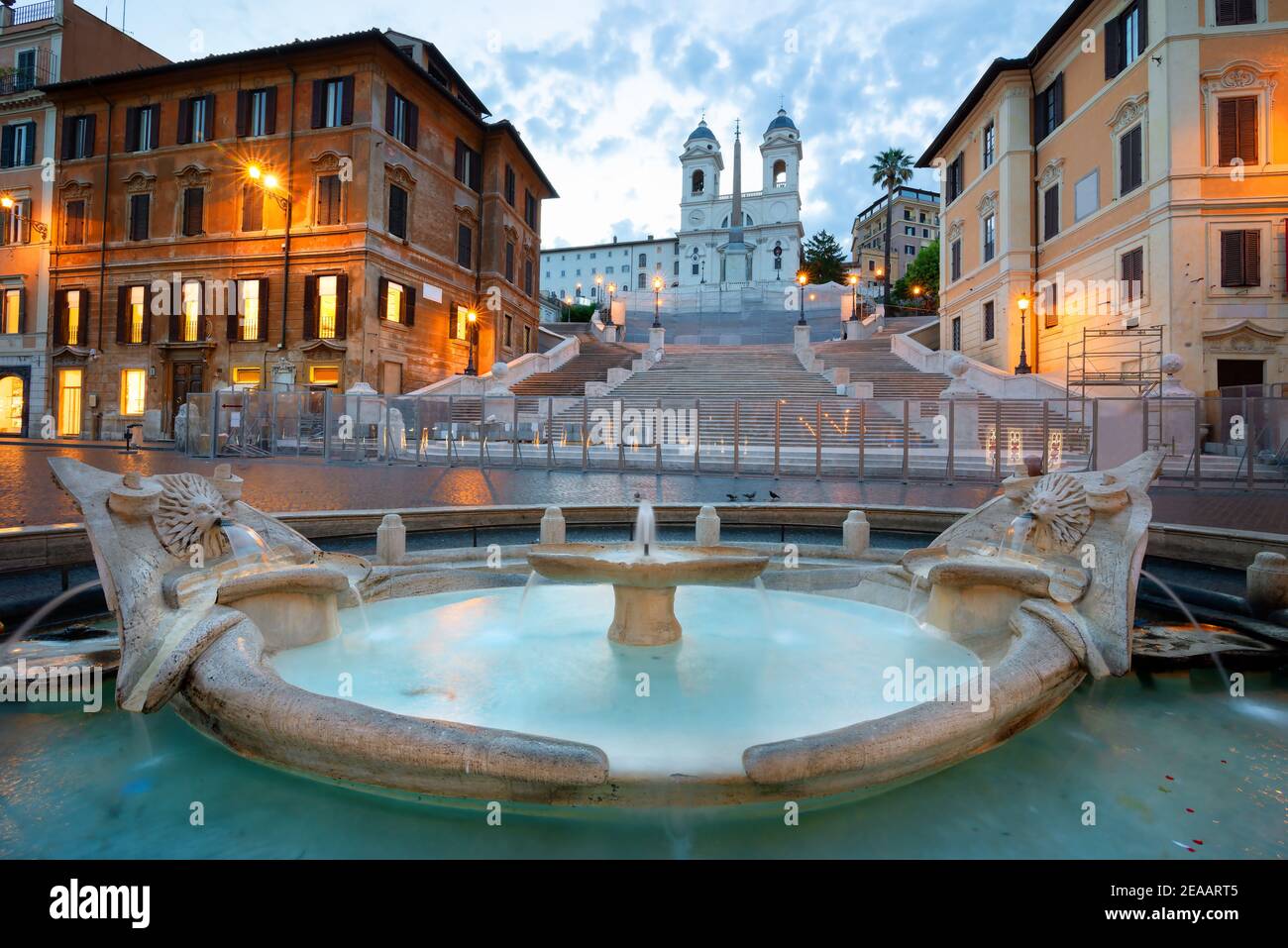 Spanish Steps and Fontana della Barcaccia in Rome at early morning, Italy Stock Photo