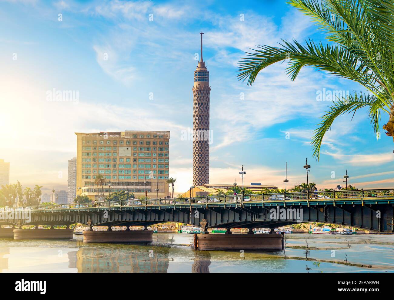 Nile and Cairo panorama in the evening. Egypt Stock Photo