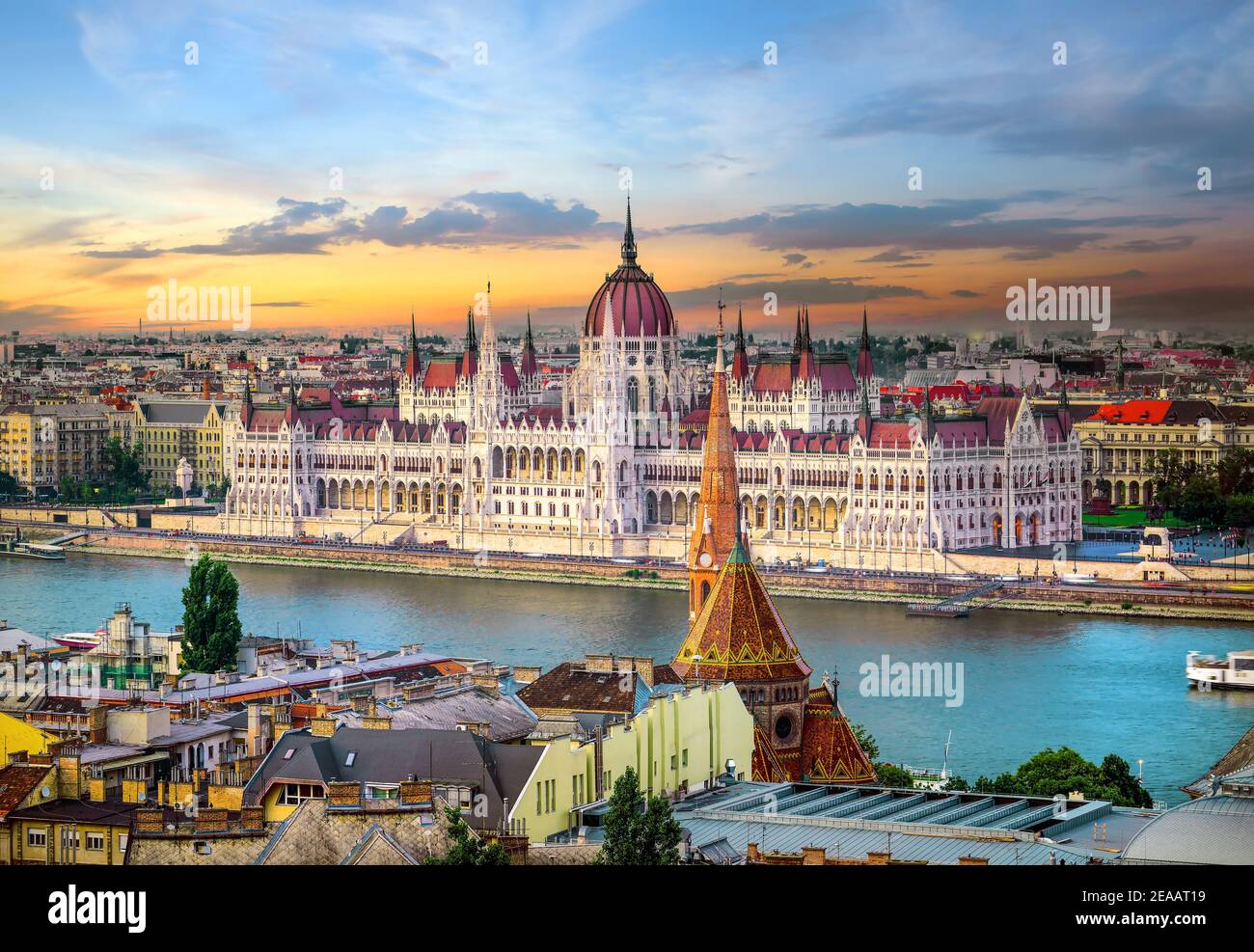 Bright sunset over famous landmarks in Budapest Stock Photo